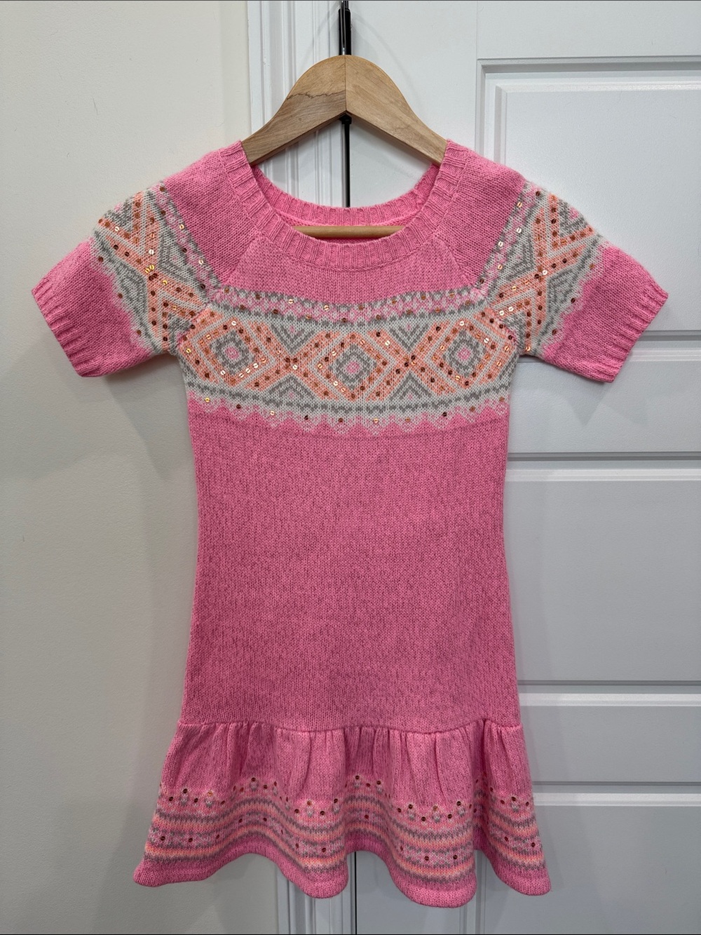 Justice Girls Sweater Dress Pink w/Rose Gold Sequins Short Sleeve, size 10